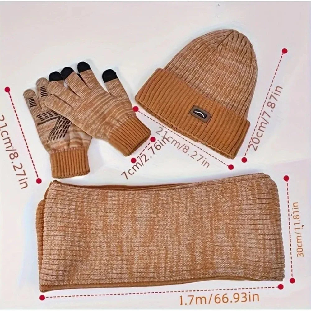 Unisex Winter Cozy‎ GRAY 3pc Set Long Scarf Touchscreen Gloves Beanie Hat Cap